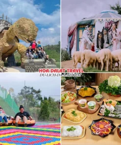 Lịch trình sáng ngày 3 tour Quảng Ngãi Đà Lạt trọn gói 4 ngày 3 đêm tham quan GOD Valley, Mongo Land, chơi trượt phao khô, thưởng thức bữa trưa buffet rau tại nhà hàng Leguda