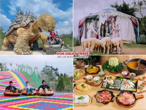 Lịch trình sáng ngày 3 tour Quảng Ngãi Đà Lạt trọn gói 4 ngày 3 đêm tham quan GOD Valley, Mongo Land, chơi trượt phao khô, thưởng thức bữa trưa buffet rau tại nhà hàng Leguda