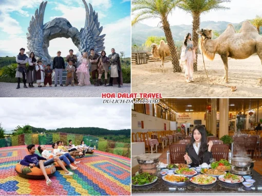 Lịch trình sáng ngày 3 Tour Sài Gòn Đà Lạt ghép đoàn 4 ngày 4 đêm Check in GOD Valley, Mongo Land, chơi trượt phao khô tại Mongo Land, dùng bữa trưa tại một nhà hàng