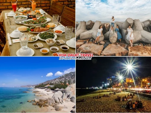 Lịch trình chiều, tối ngày 1 tour Sài Gòn Nha Trang Đà Lạt trọn gói 5 ngày 4 đêm tham quan bãi đá Ông Địa và bãi biển Cà Ná, tham quan và khám phá Nha Trang về đêm