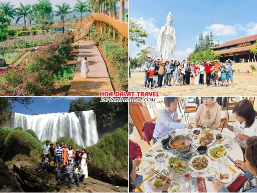 Lịch trình sáng ngày 2 tour Tây Ninh Đà Lạt trọn gói 4 ngày 3 đêm tham quan Mê Linh Garden Coffee, Chùa Linh Ẩn, Thác Voi, thưởng thức bữa trưa