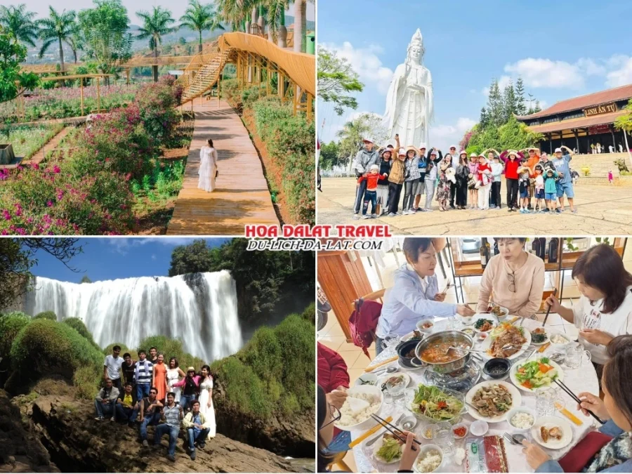 Lịch trình sáng ngày 2 tour Tây Ninh Đà Lạt trọn gói 4 ngày 3 đêm tham quan Mê Linh Garden Coffee, Chùa Linh Ẩn, Thác Voi, thưởng thức bữa trưa