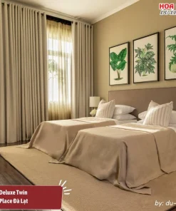 Phòng Villa Deluxe Twin tại Bạch Place Đà Lạt rộng 26m2, được trang bị hai giường đơn và ban công riêng, tiện nghi đầy đủ