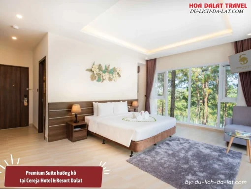 Phòng Premium Suite Hướng Hồ tại Cereja Hotel và Resort Dalat có diện tích 50m2, được thiết kế sang trọng với ban công và sân hiên riêng, tầm nhìn trực tiếp ra hồ Tuyền Lâm thơ mộng