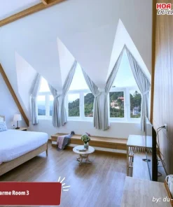 De Charme Room 3 tại Dalat De Charme Village là lựa chọn lý tưởng cho nhóm bạn hoặc gia đình nhỏ, có diện tích khoảng 30m2, được trang bị 2 giường đôi, trang bị đầy đủ tiện nghi nhằm mang lại sự thoải mái cho du khách