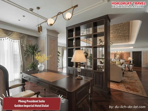 Phòng President Suite tại Golden Imperial Hotel diện tích 220m2, được trang bị giường cỡ King sang trọng và tiện nghi đẳng cấp