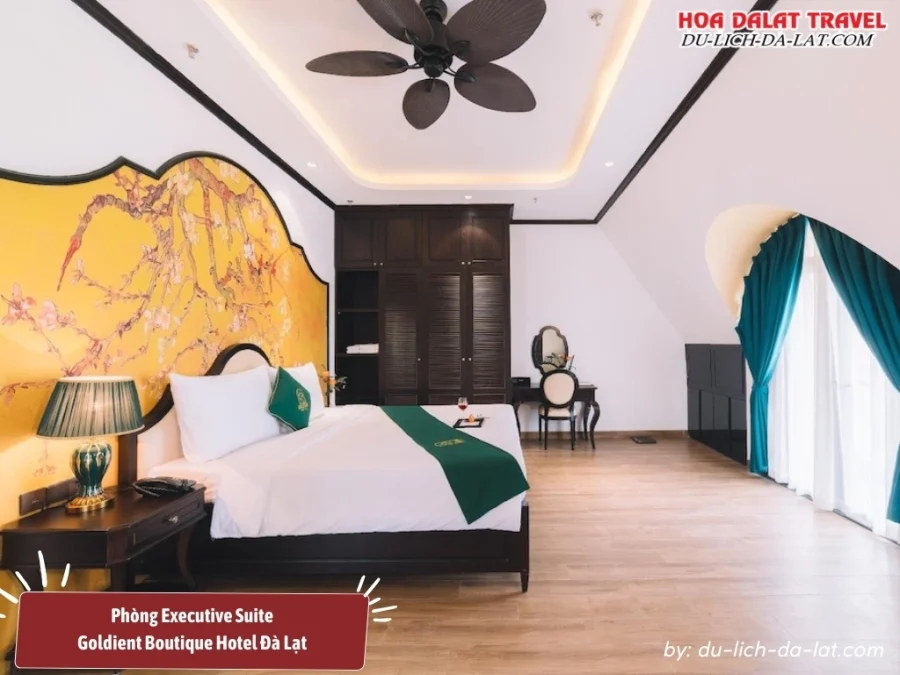 Phòng Executive Suite tại Goldient Boutique Hotel có diện tích khoảng 120m2, được thiết kế không gian rộng rãi và trang nhã cùng tiện nghi cao cấp