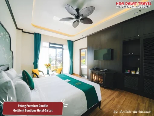 Phòng Premium Double tại Goldient Boutique Hotel được trang bị giường đôi lớn và thiết kế nội thất sang trọng, mang lại không gian nghỉ ngơi thoải mái