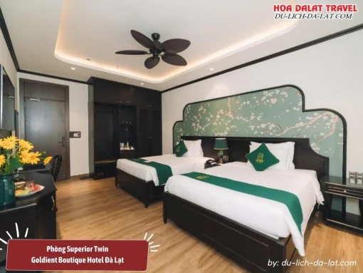 Phòng Superior Twin tại Goldient Boutique Hotel được trang bị hai giường đôi, phòng tắm riêng, đầy đủ tiện nghi