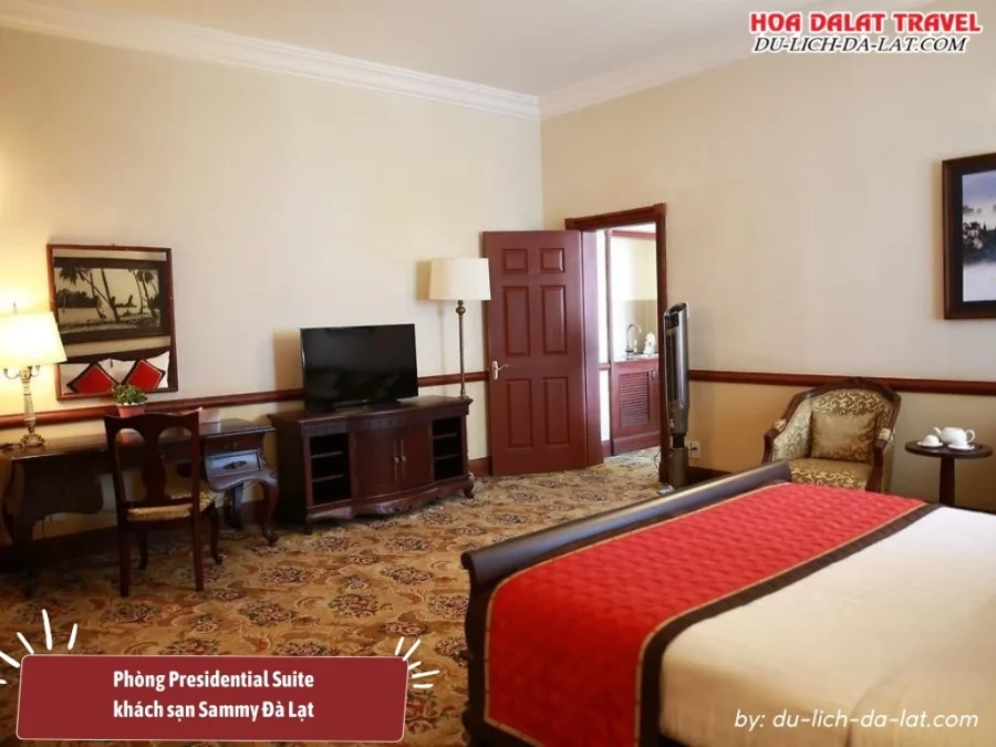 Presidential Suite tại khách sạn Sammy Đà Lạt là hạng phòng cao cấp nhất diện tích khoảng 80m2, có cửa sổ và ban công, tiện nghi cao cấp, trang bị bồn tắm thủy lực hiện đại