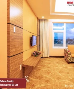 Phòng Deluxe Family tại khách sạn Vietsovpetro Đà Lạt diện tích 64m2, gồm 2 giường đôi lớn, trang thiết bị tiện nghi hiện đại