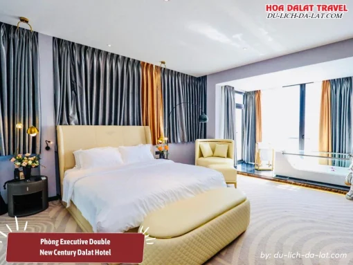 Phòng Executive Double tại New Century Hotel Đà Lạt có diện tích khoảng 40m2, được thiết kế hiện đại và trang bị đầy đủ tiện nghi