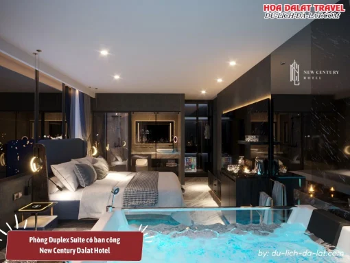 Phòng Duplex Suite tại New Century Hotel Đà Lạt có ban công, phòng khách riêng, bồn tắm sục, diện tích phòng từ 50m2