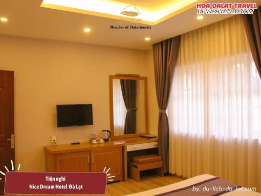 Tiện nghi phòng nghỉ tại Nice Dream Hotel Đà Lạt trang bị đầy đủ tiện nghi hiện đại như Wi-Fi, điều hòa, minibar, TV và phòng tắm riêng