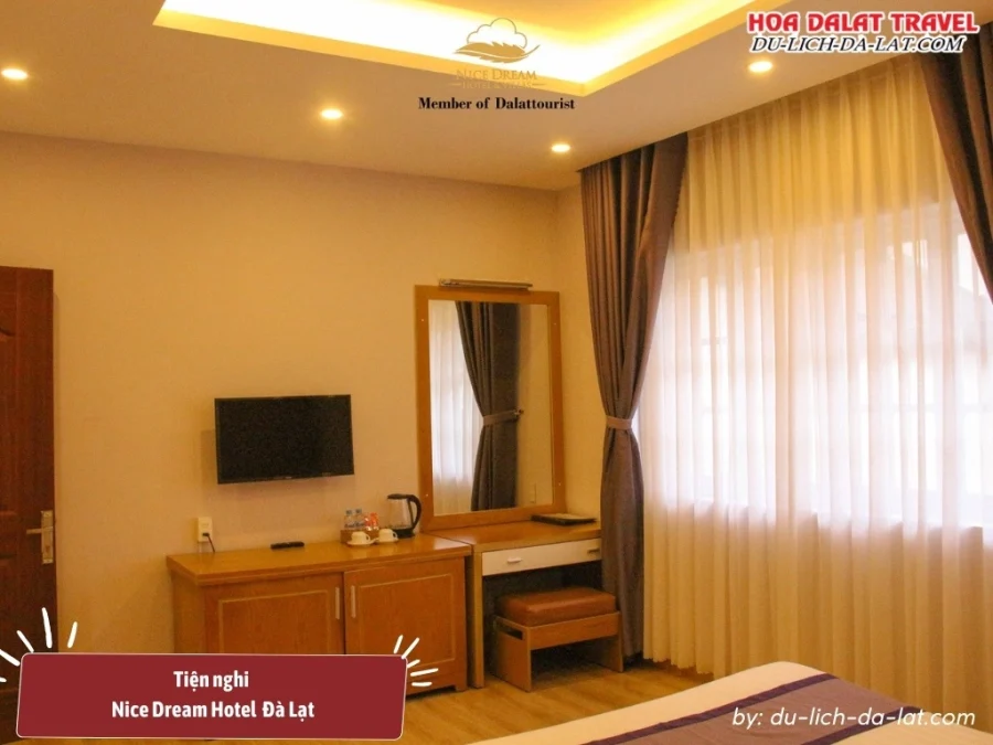 Tiện nghi phòng nghỉ tại Nice Dream Hotel Đà Lạt trang bị đầy đủ tiện nghi hiện đại như Wi-Fi, điều hòa, minibar, TV và phòng tắm riêng