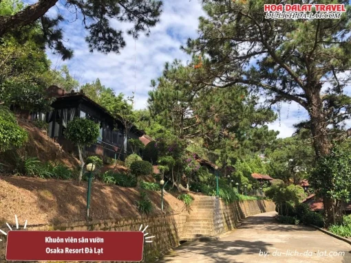 Khuôn viên sân vườn Osaka Village Đà Lạt rộng lớn, nhiều cây xanh mát mẻ