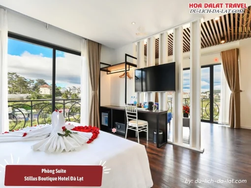 Phòng Suite tại Stillus Boutique Hotel Đà Lạt riêng tư, yên tĩnh, có diện tích 38m2, trang bị giường cỡ lớn, tivi, bàn làm việc,...