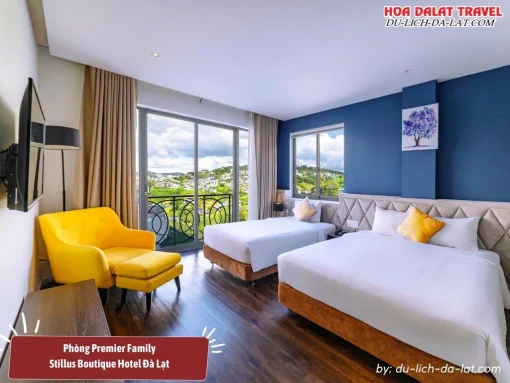 Phòng Premier Family tại Stillus Boutique Hotel Đà Lạt có diện tích khoảng 30m2, được thiết kế tinh tế và trang bị đầy đủ tiện nghi hiện đại