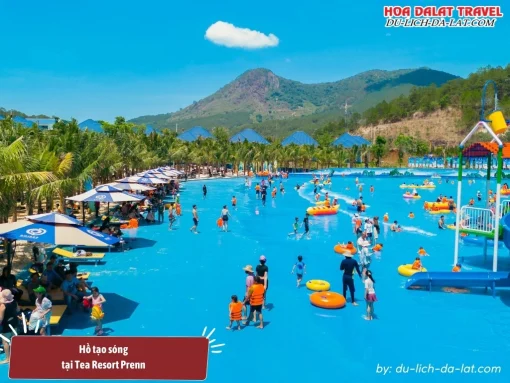 Hồ tạo sóng ở Tea Resort Prenn rộng 2500m2, được thiết kế hiện đại với làn nước trong xanh cùng nhiều trò chơi dưới nước thú vị